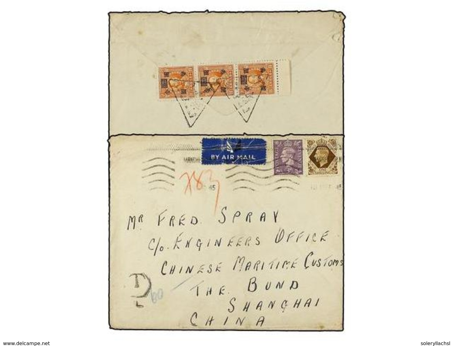 866 CHINA. 1945. MANCHESTER To SHANGHAI. <B>3 P.</B> And <B>1 Sh.</B> With Chinesse Postage Due On Back <B>8 Cts. </B>(3 - Other & Unclassified