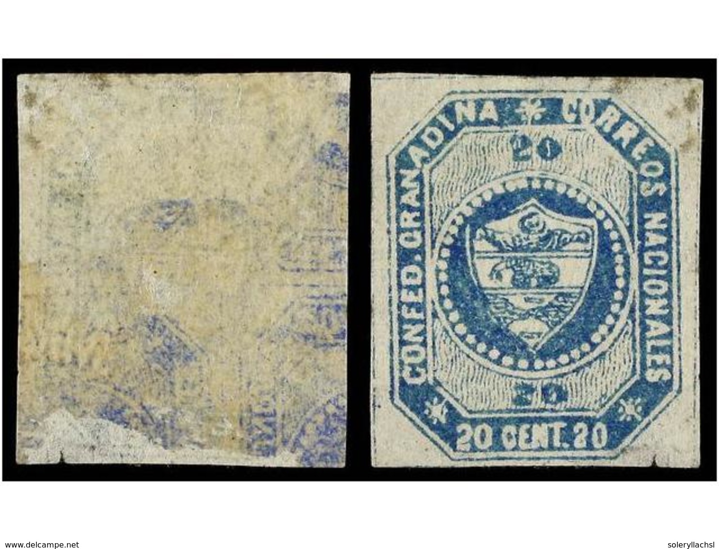 878 * COLOMBIA. Yv.9. 1860. <B>20 Ctvos.</B> Azul. Impresión Calcada Al Dorso, Adelgazamientos En La Parte Inferior. RAR - Other & Unclassified