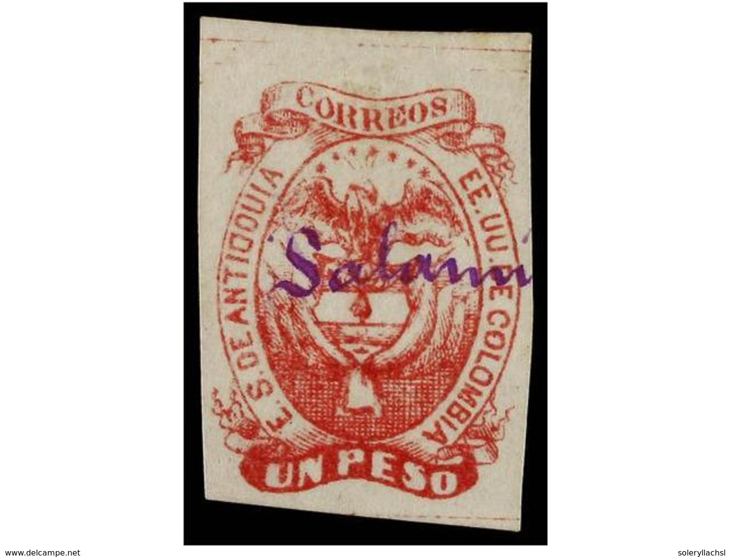 879 ° COLOMBIA: ANTIOQUIA. Yv.10. 1869. <B>ANTIOQUÍA. 1 Peso </B>carmín. Mat. Manuscrito <B>'SALAMINA'</B>. MAGNÍFICO Y  - Sonstige & Ohne Zuordnung