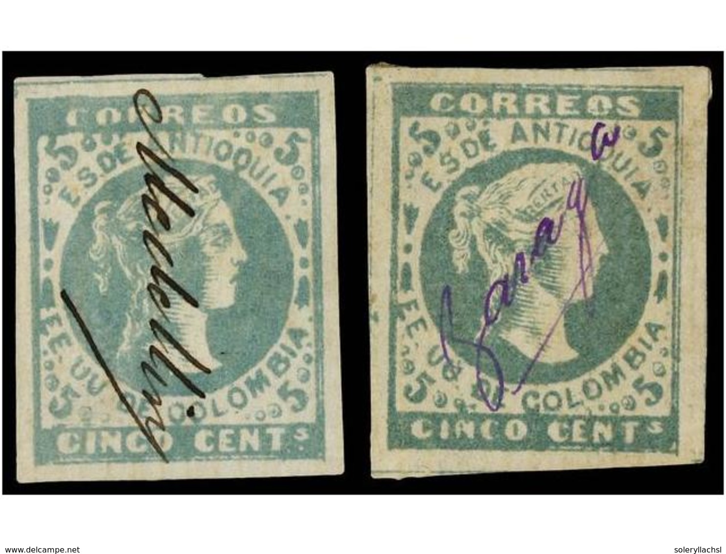 888 ° COLOMBIA: ANTIOQUIA. Yv.27b (2). 1879. <B>ANTIOQUIA. 5 Cts.</B> Verde, Papel 'VERGE'. 2 Sellos Con Mat. Manuscrito - Other & Unclassified