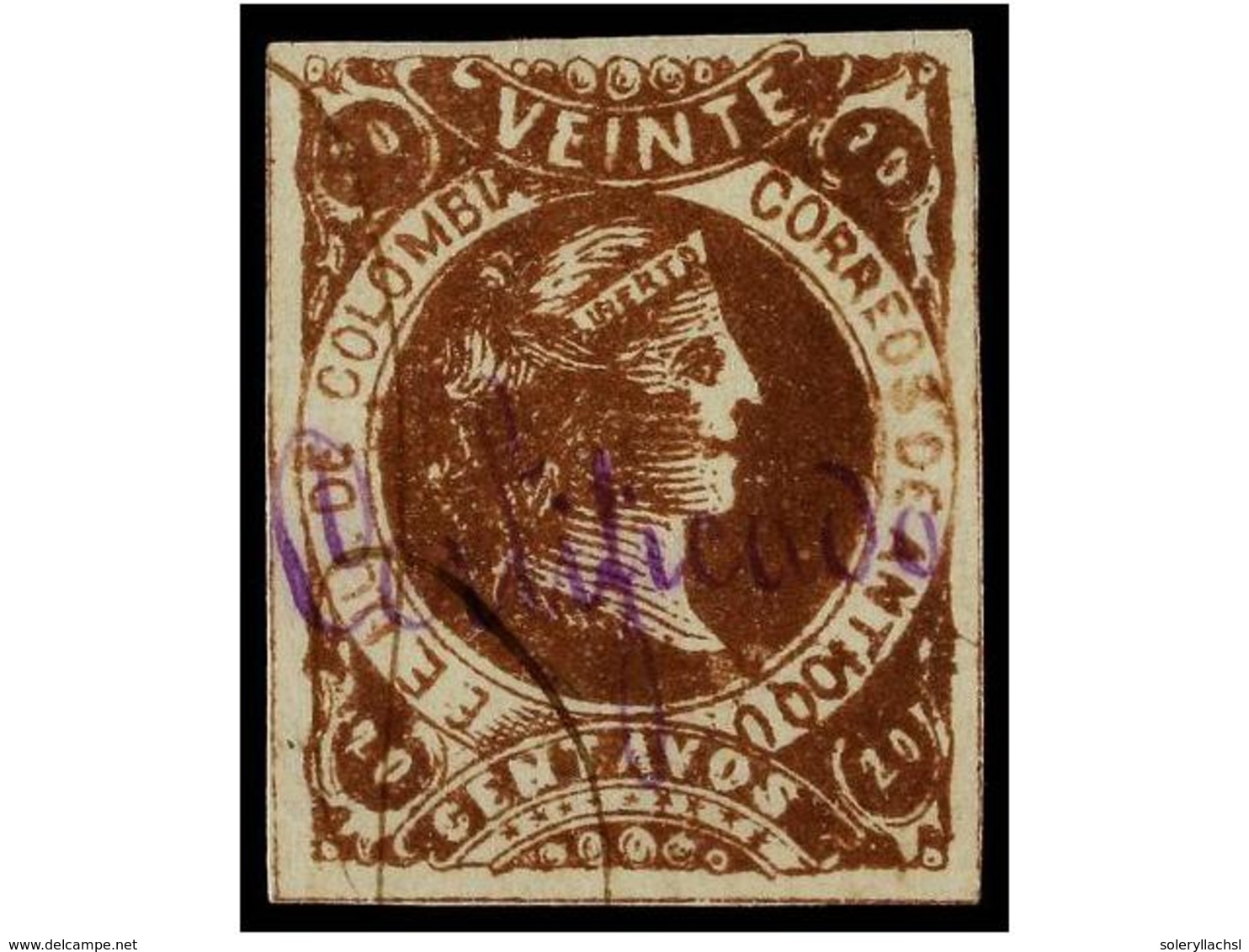 889 * COLOMBIA: ANTIOQUIA. Yv.32a. 1882. <B>ANTIOQUÍA. 20 Ctvos.</B> Marrón. Papel 'VERGE', Mat. Manuscrito <B>'Certific - Sonstige & Ohne Zuordnung