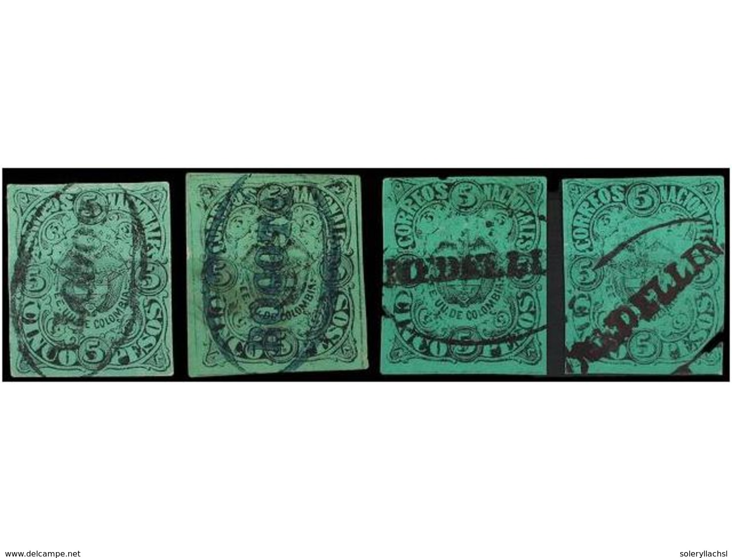 893 ° COLOMBIA. Yv.46 (4). 1868-77. <B>5 Pesos</B> Negro S. Verde. 4 Ejemplares En Usado. Muy Bonito. Yvert.260?. - Sonstige & Ohne Zuordnung