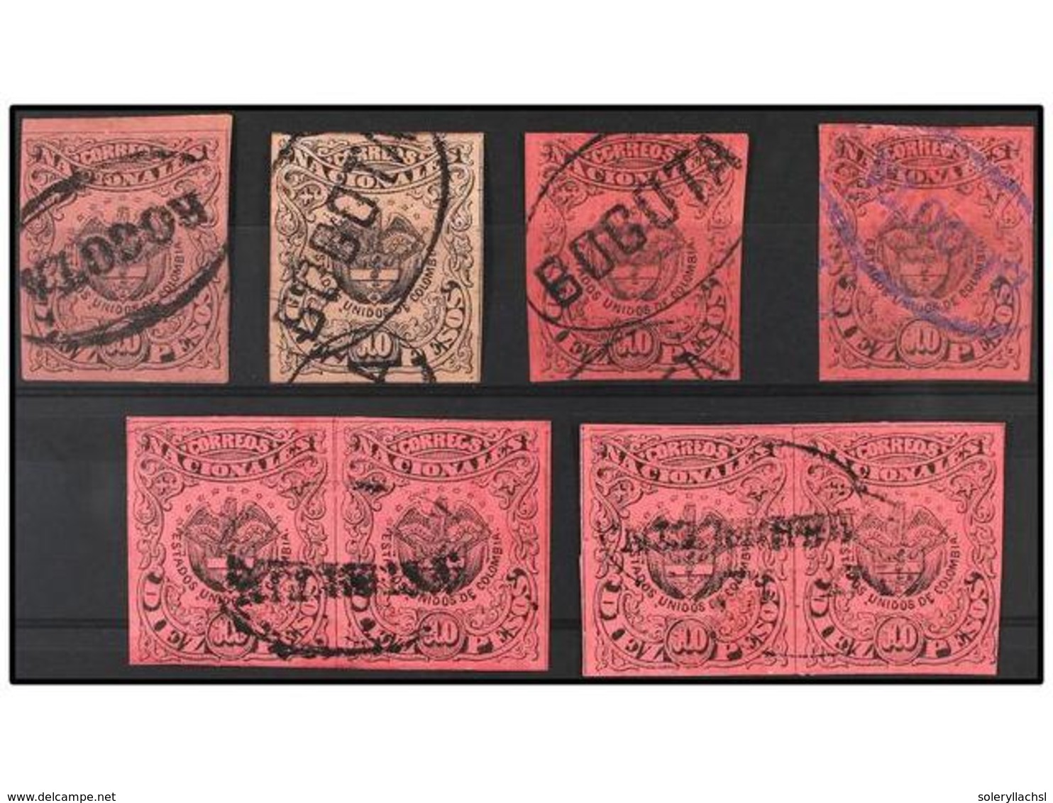 894 ° COLOMBIA. Yv.47 A (8). 1868-77. <B>10 Pesos</B> Negro S. Rosa. 4 Sellos Y 2 Parejas. MAGNÍFICOS. Algún Sello Peque - Other & Unclassified