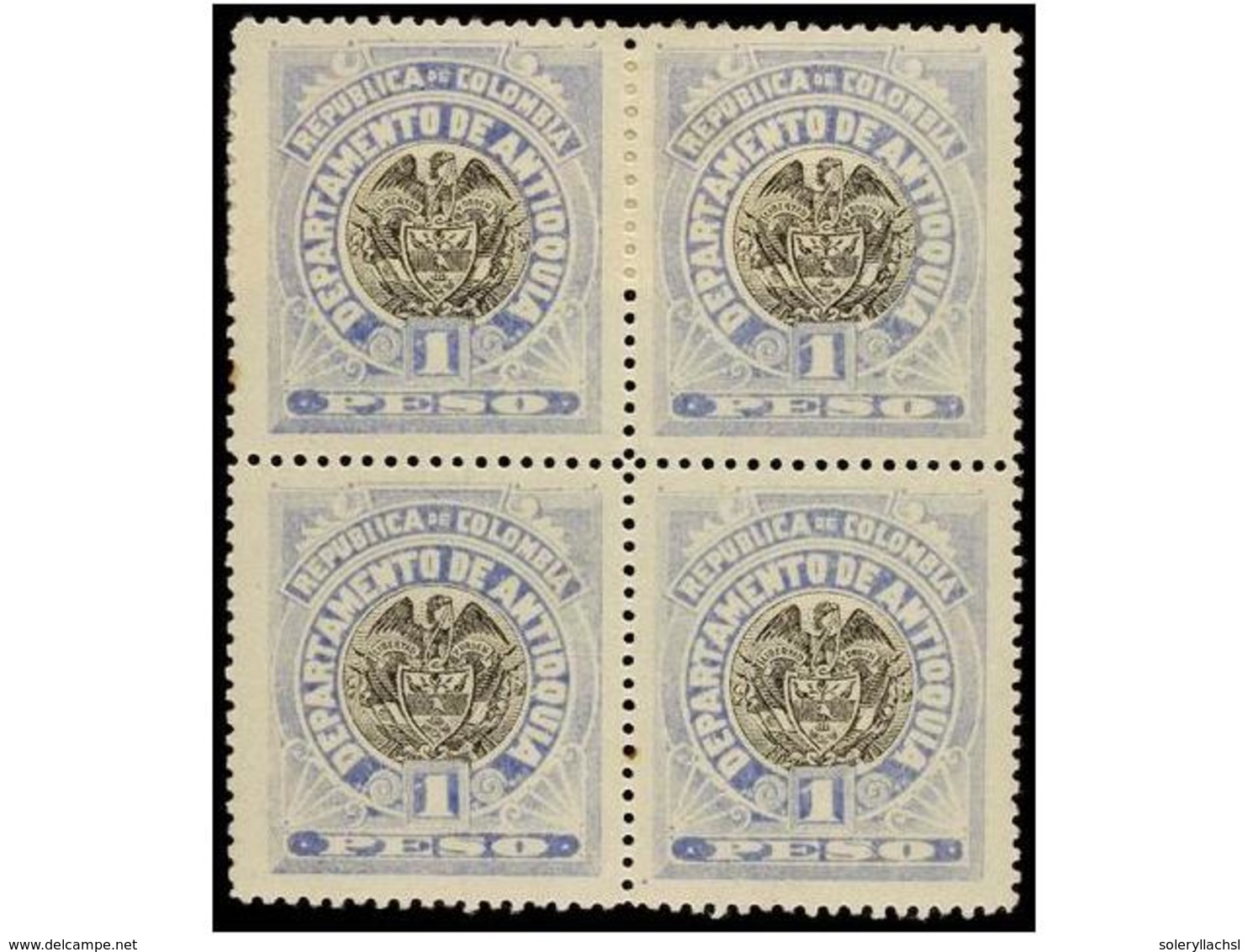 896 * COLOMBIA: ANTIOQUIA. Yv.94. 1896. <B>1 Peso</B> Azul Y Negro. Bloque De Cuatro, Color Fresco, Adherencia Al Dorso. - Sonstige & Ohne Zuordnung