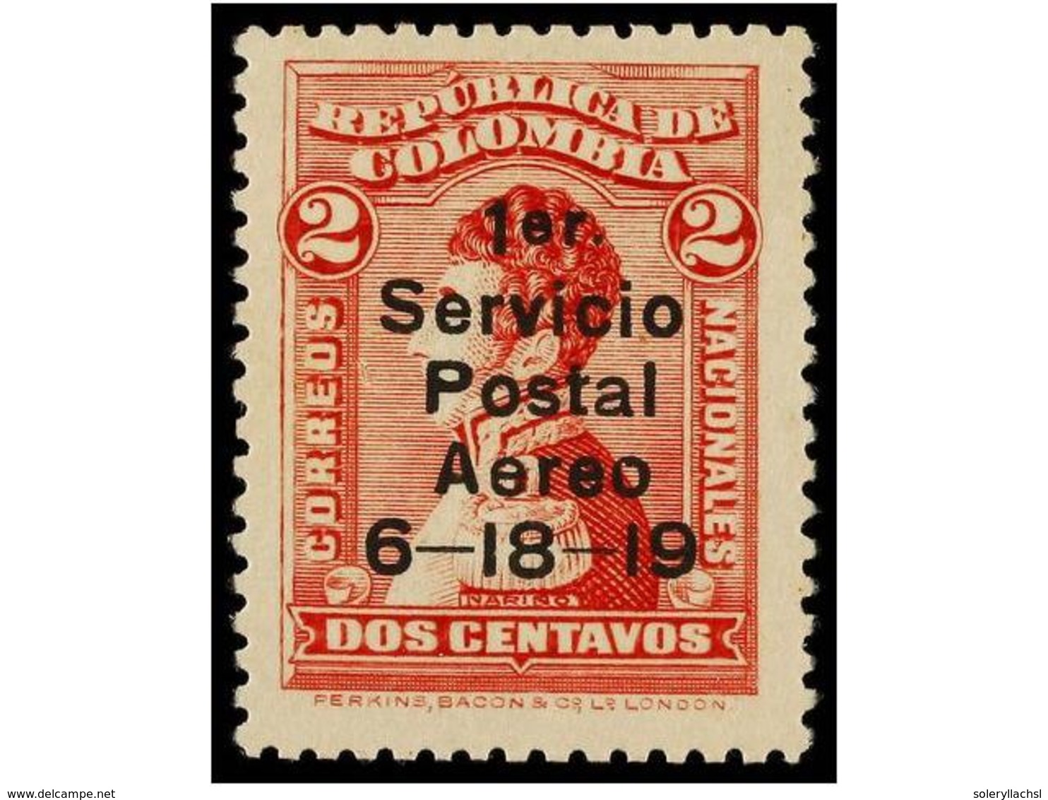 898 * COLOMBIA. Yv.A1. 1919. <B>2 Cts. </B>habilitación Para El Correo Aéreo. MUY RARO En Nuevo. Cert. HOLCOMBE Y RPS. - Other & Unclassified