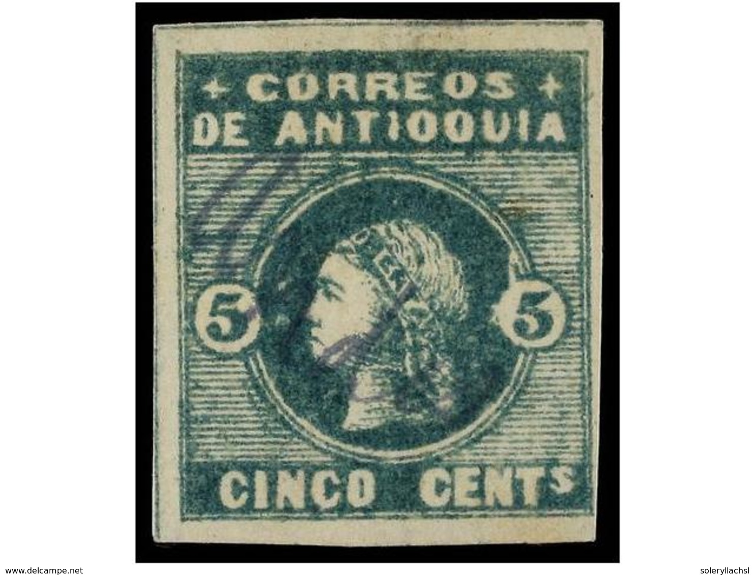 902 ° COLOMBIA: ANTIOQUIA. Yv.23a. 1875. <B>5 Cent. </B>verde, Papel 'VERGE', Mat. Manuscrito <B>'Andes'. </B>MAGNÍFICO  - Sonstige & Ohne Zuordnung