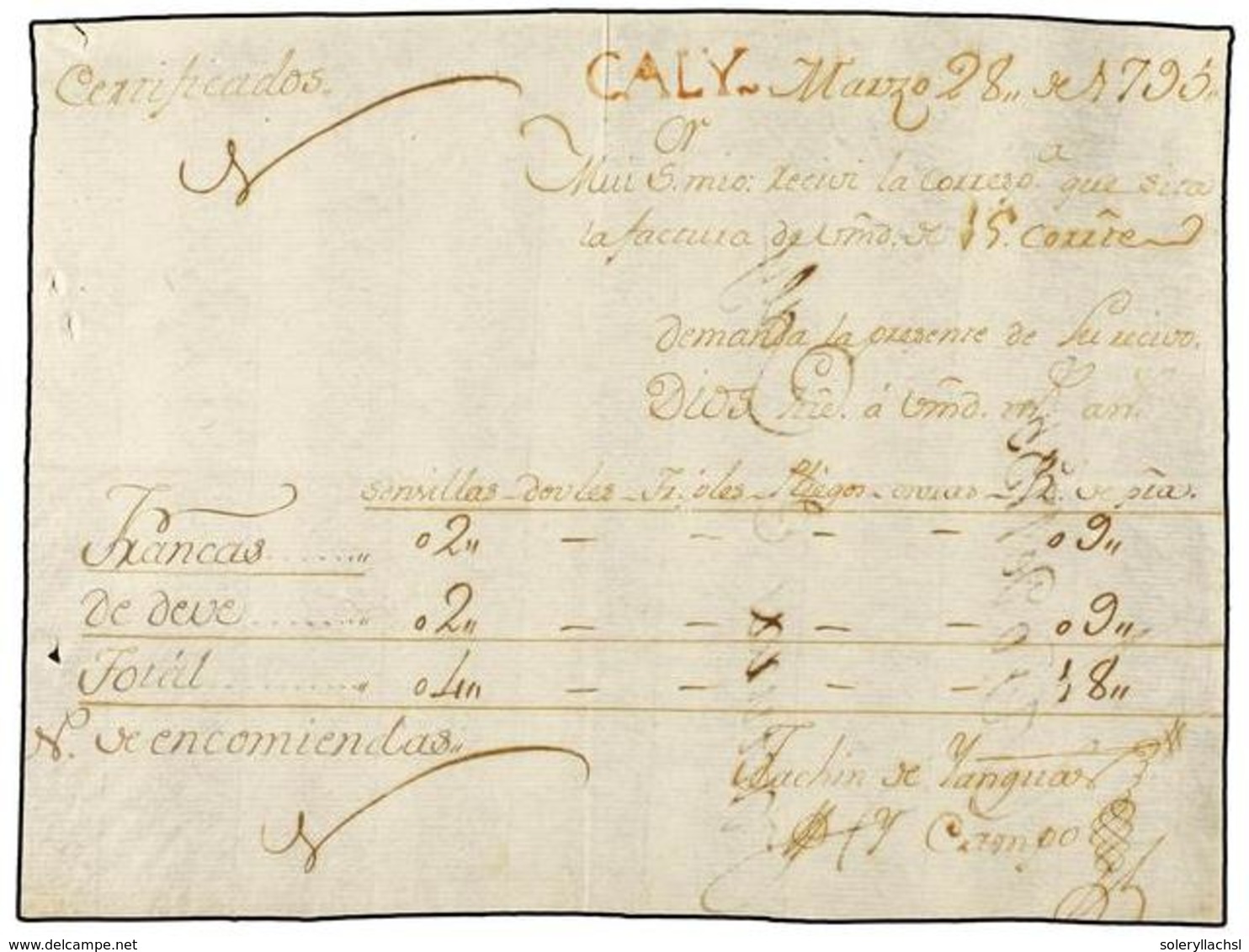 909 COLOMBIA. 1795 (28 Marzo). <B>RECIBO</B> Del Porte Del Correo De '2 Cartas FRANCAS' Y '2 Cartas De Deve' Con Un Tota - Other & Unclassified