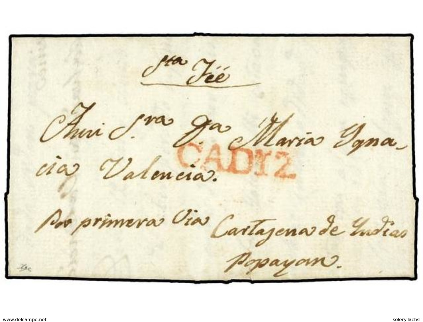 911 COLOMBIA. (1800 CA.). CADIZ A POPAYAN. Carta Completa Con Texto Pero Sin Fecha. Marca Lineal <B>CADIZ.</B> Muy Bonit - Other & Unclassified