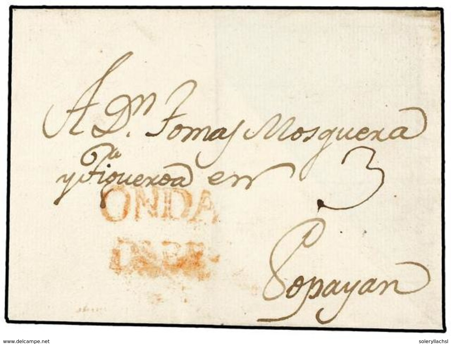 917 COLOMBIA. (1820 CA.). Envuelta Circulada A POPAYAN. Marca<B> ONDA/DEBE</B> En Rojo. - Other & Unclassified