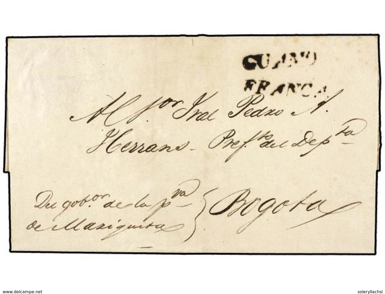 921 COLOMBIA. (1825 CA.). Envuelta Circulada A BOGOTÁ, Manuscrito 'Del Gover. De La Pcia. De Mariquita' Y Marca<B> GUAMO - Otros & Sin Clasificación