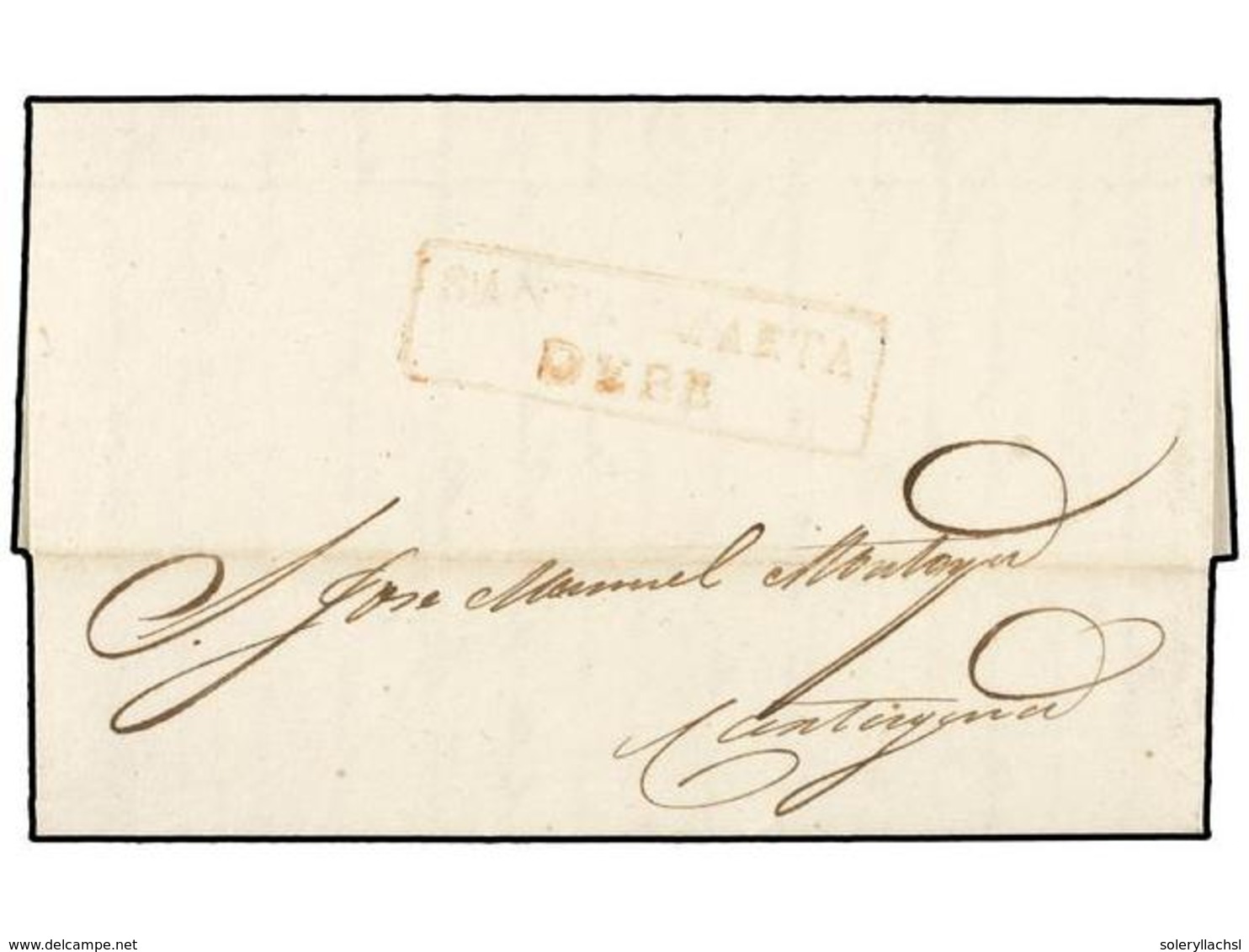 926 COLOMBIA. 1825 (15 Abril). STA. MARTA A CARTAGENA. Marca <B>SANTA MARTA/DEBE</B> En Rojo. RARA. - Other & Unclassified