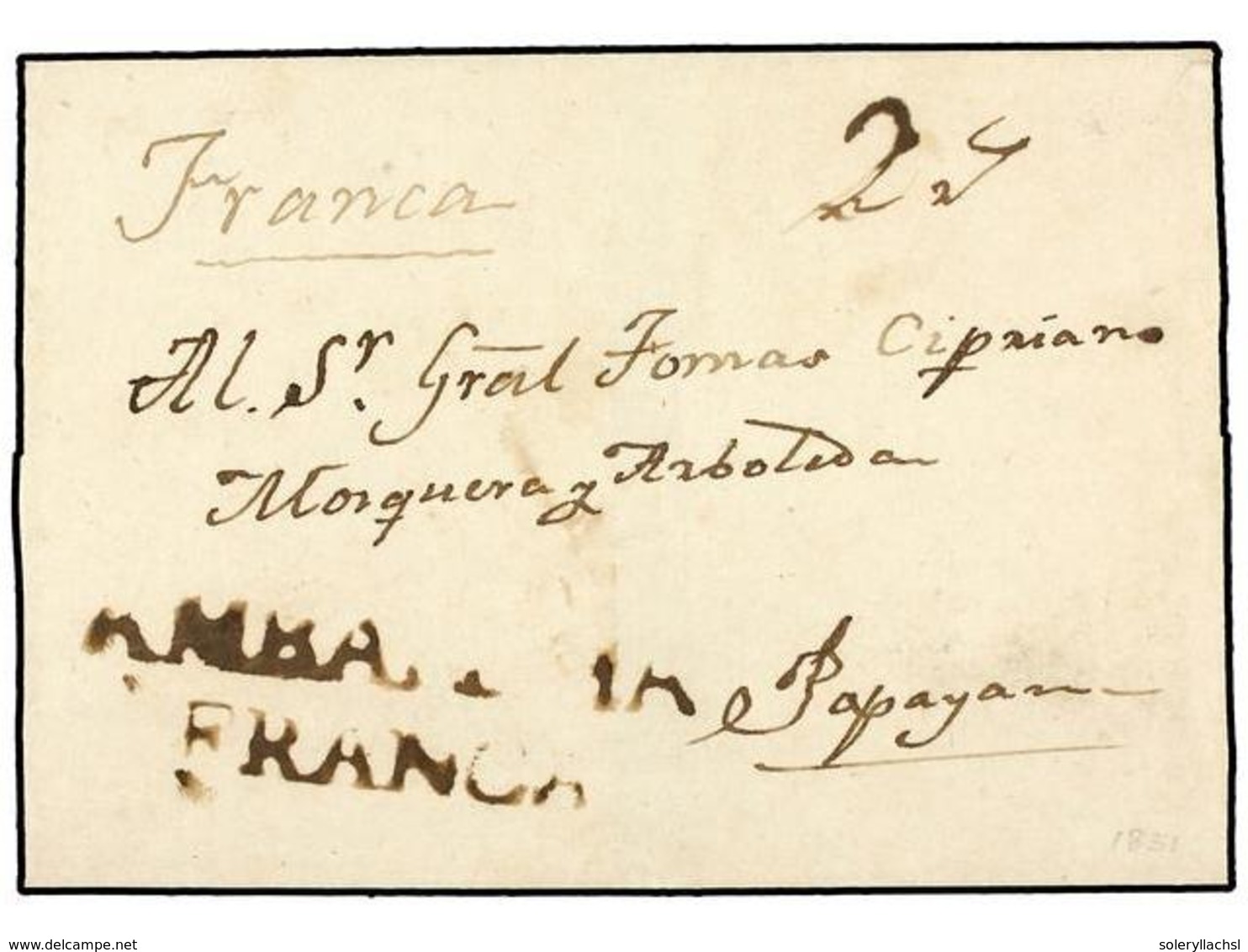 930 COLOMBIA. (1830 CA.). Envuelta Circulada A POPAYAN. Marca<B> AMBALEMA</B> Y <B>FRANCA</B> En Color Sepia. MUY RARA. - Other & Unclassified