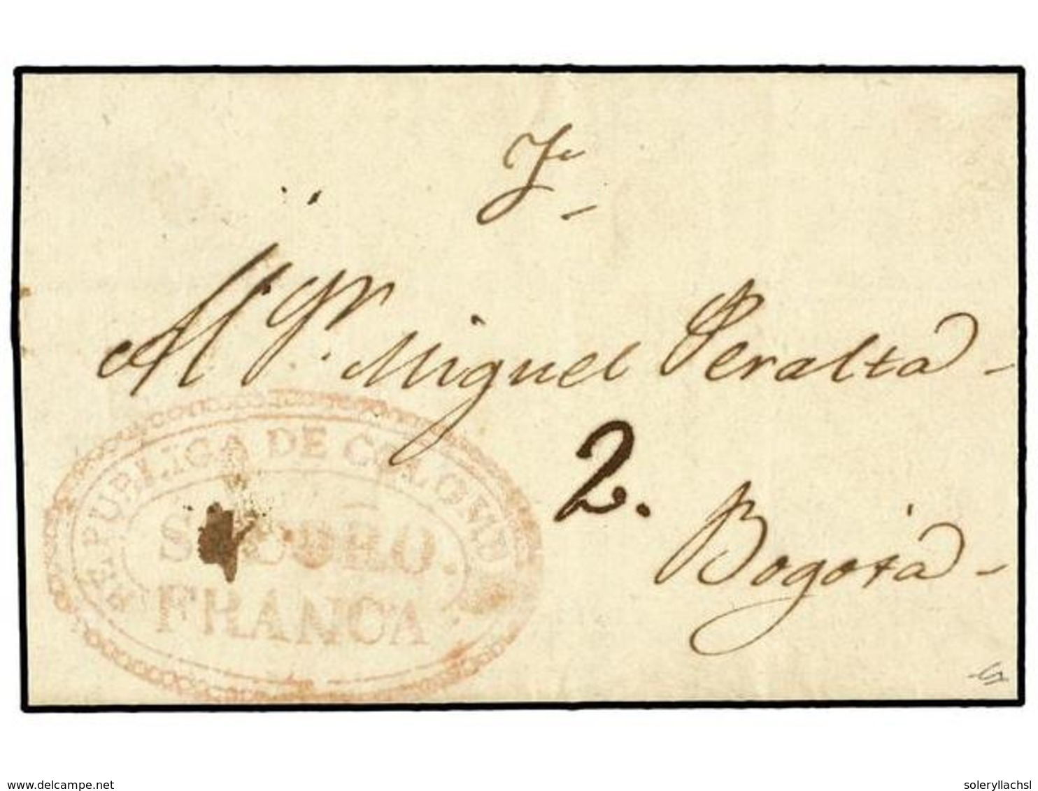 932 COLOMBIA. (1834 CA.). Envuelta Circulada A BOGOTÁ. Marca <B>REPUBLICA DE COLOMBIA/SOCORO/FRANCA</B> En Rojo. MUY RAR - Sonstige & Ohne Zuordnung