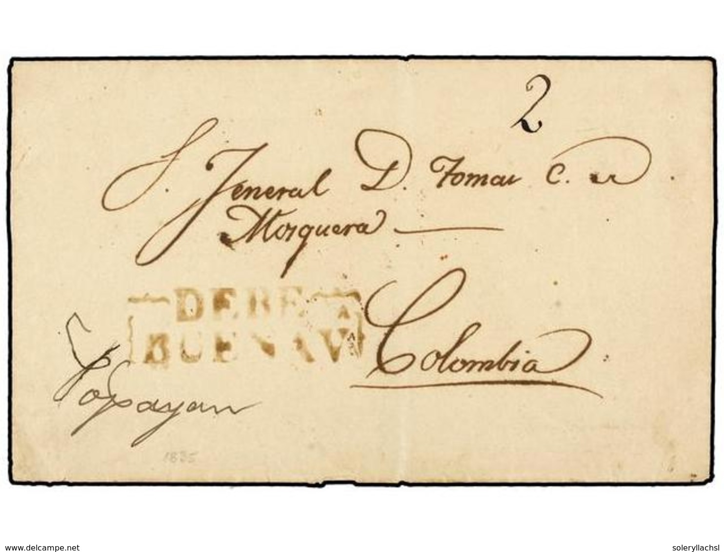 934 COLOMBIA. (1835 CA.). Envuelta Circulada A POPAYAN. Marca<B> DEBE/BUENAVA</B> En Color Sepia. MAGNÍFICA Y RARA. Ex.  - Other & Unclassified