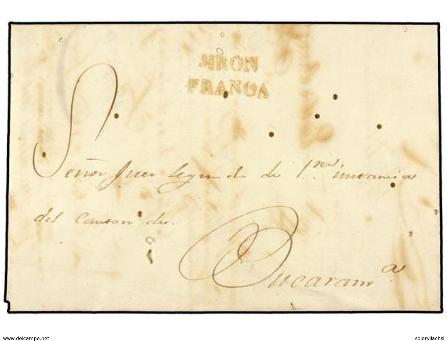 935 COLOMBIA. 1836 (13 Abril). JIRON A BUCARAMANGA. Marca<B> JIRON/FRANCA</B> En Rojo. Leves Agujeros Producidos Por La  - Sonstige & Ohne Zuordnung