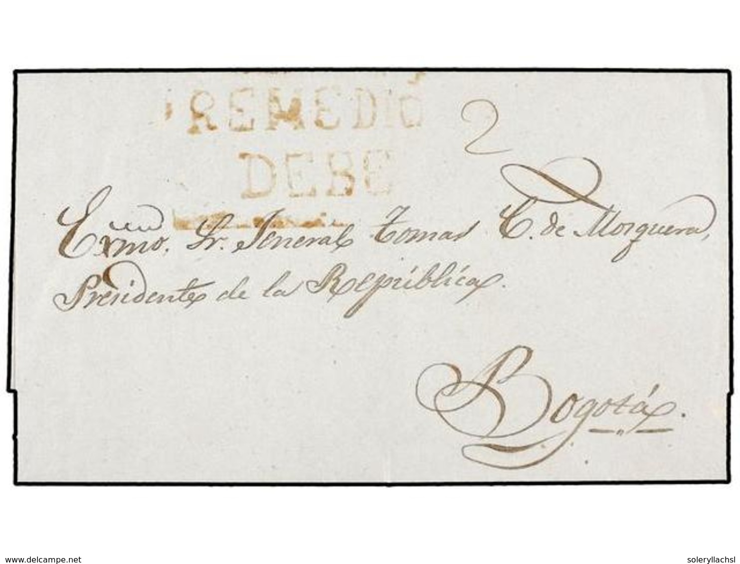 938 COLOMBIA. (1840 CA.). Envuelta Circulada A BOGOTÁ. Marca <B>REMEDIOS./DEBE</B> En Color Rojo. MAGNÍFICA. - Other & Unclassified