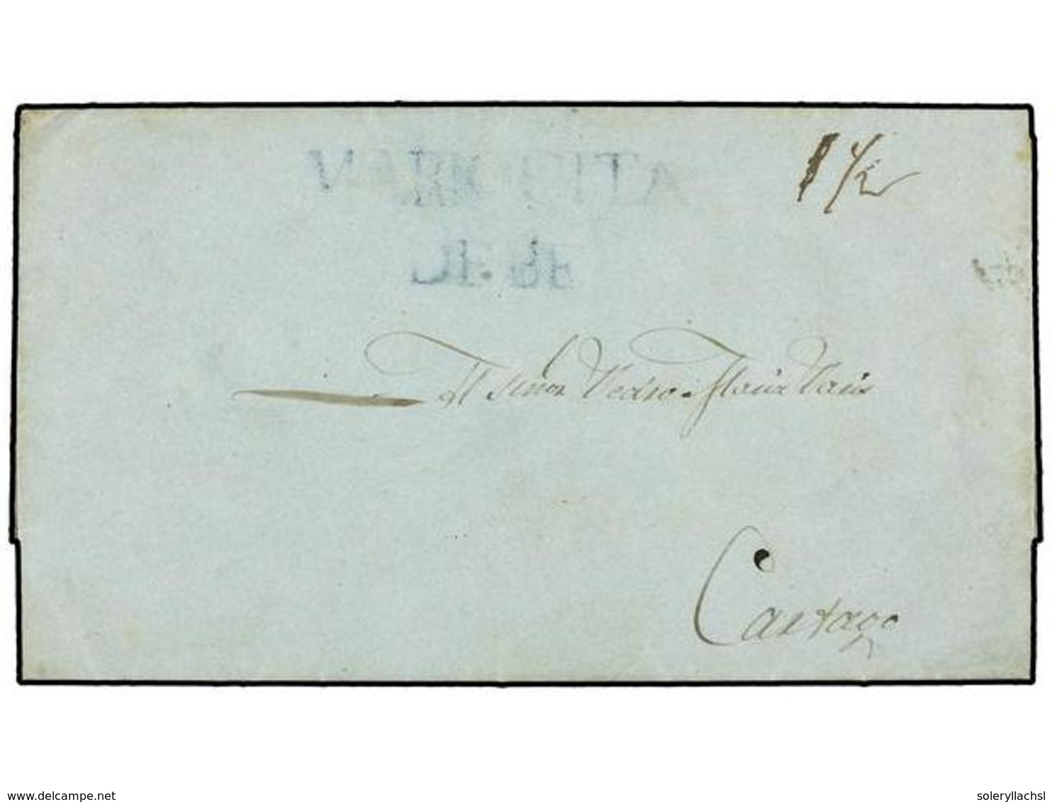 946 COLOMBIA. 1846 (14 Julio). PEÑAS BLANCAS A CARTAGO. Marca <B>MARIQUITA/DEBE</B> En Azul. MUY RARA. - Other & Unclassified