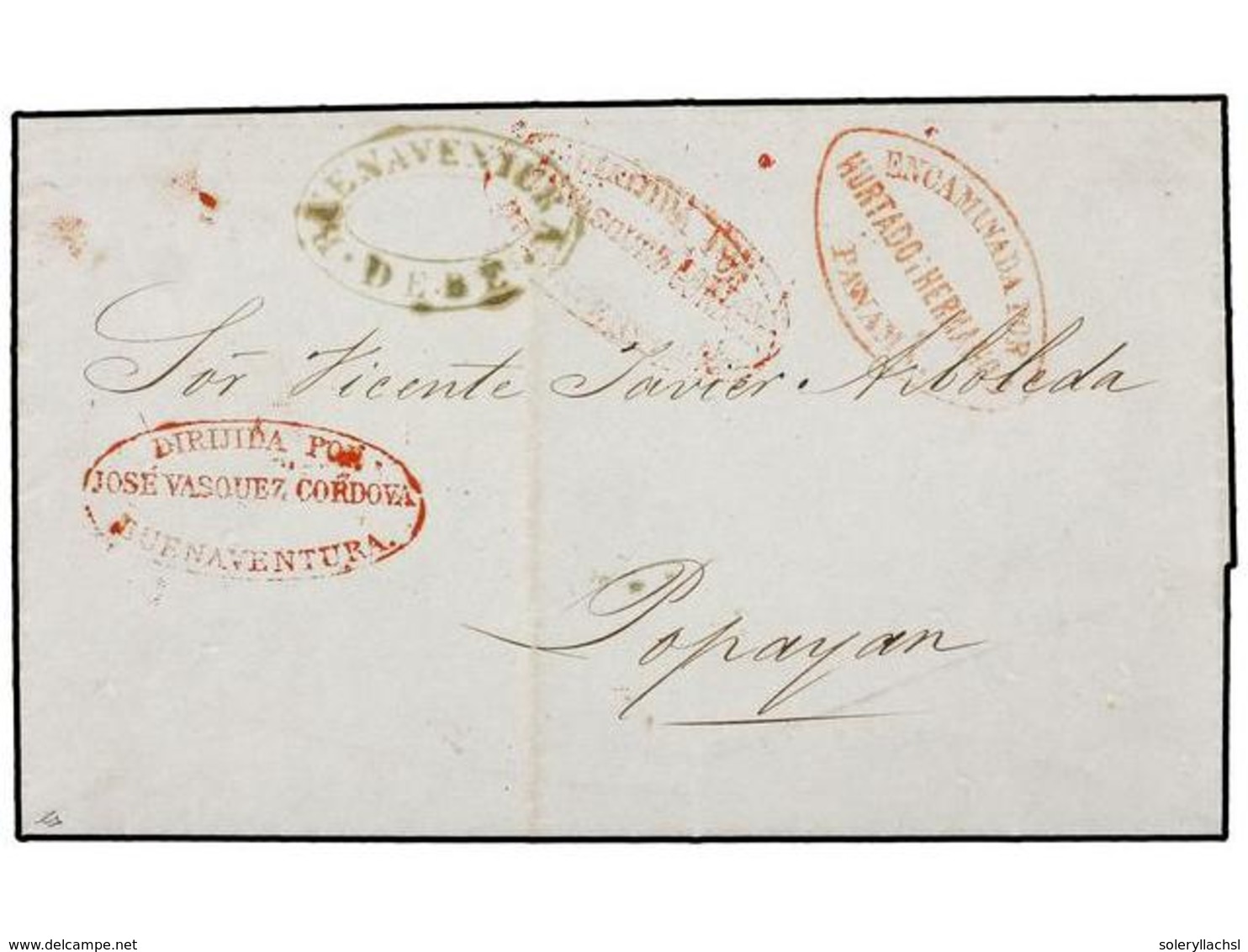 951 COLOMBIA. 1853. PARÍS A POPAYAN (Colombia). Encaminada Por <B>HURTADO HERMANOS/PANAMA</B> Y <B>JOSE VASQUEZ CORDOVA/ - Sonstige & Ohne Zuordnung