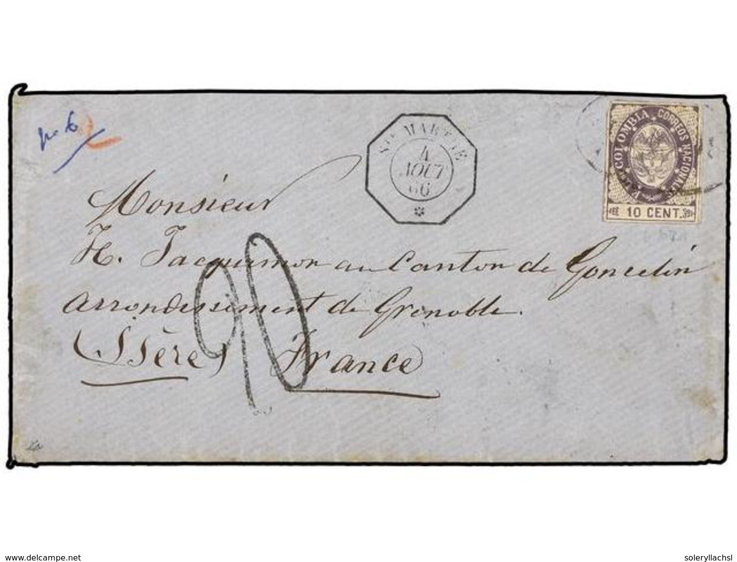 955 COLOMBIA. Yv.30. 1866. BOGOTÁ A FRANCIA. <B>10 Cts.</B> Lila, Mat. Ovalado <B>BOGOTA</B> Y Fechador Octogonal Maríti - Other & Unclassified