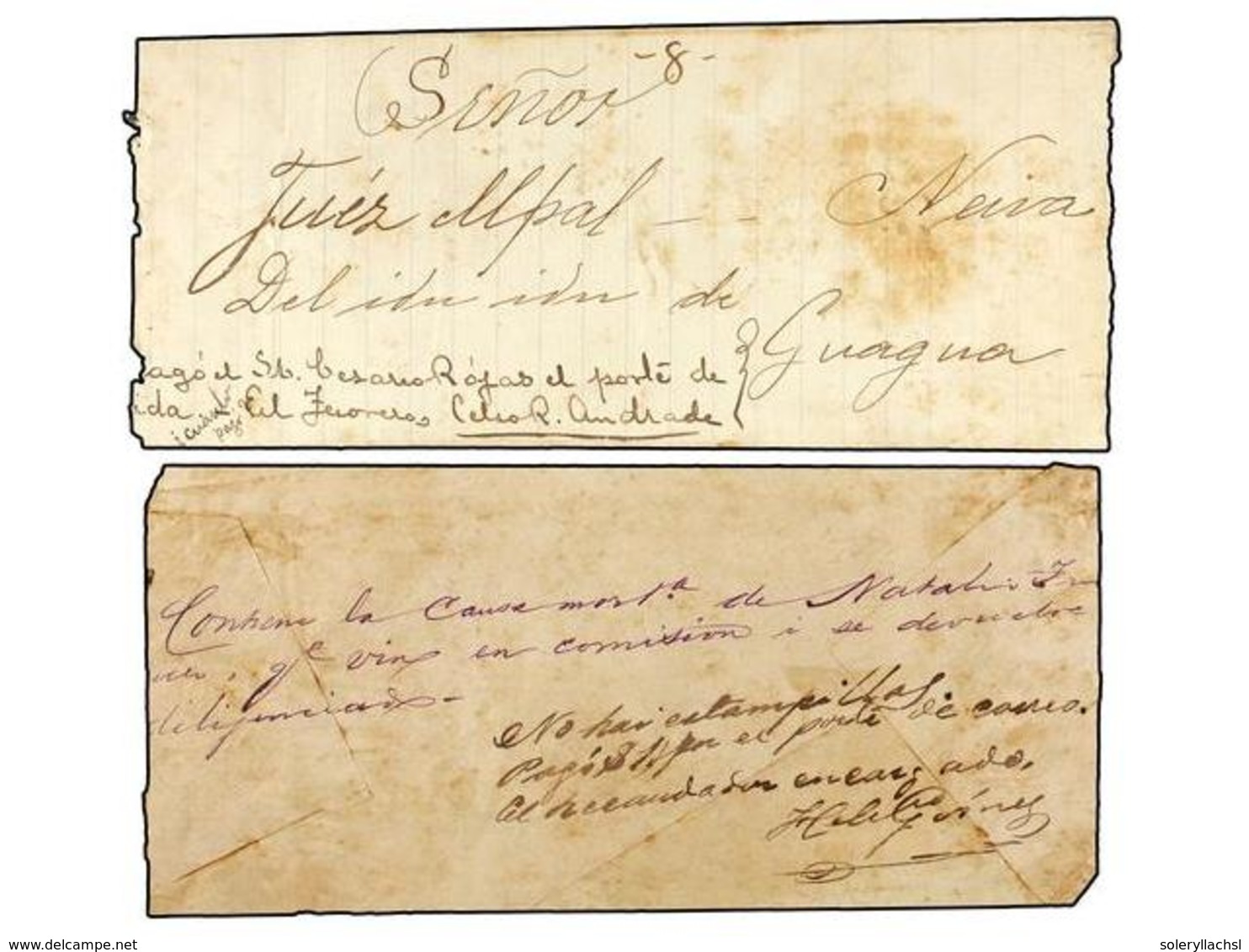 968 COLOMBIA. 1879. Dos Plicas Judiciales Circuladas Con Indicación Manuscrita De Pago Del Correo En Metálico Por Falta  - Sonstige & Ohne Zuordnung