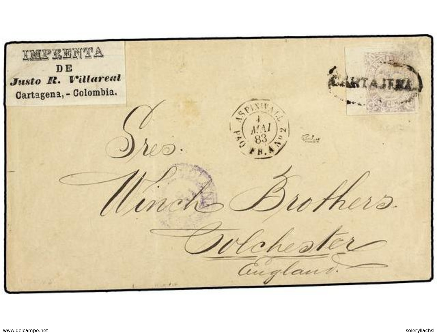 972 COLOMBIA. 1883. CARTAGENA A INGLATERRA. <B>10 Cts.</B> Lila (Sc. 115) Mat. Ovalado <B>CARTAGENA</B> Y Fechador Marit - Other & Unclassified