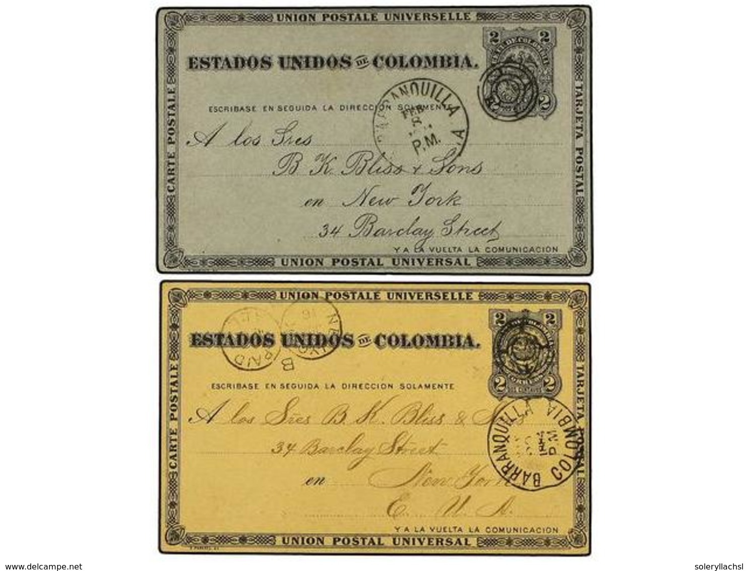973 COLOMBIA. 1884. Dos Enteros Postales De <B>2 Ctvos.</B> Negro S. Crema Y Negro S. Gris Circulados A USA. - Other & Unclassified