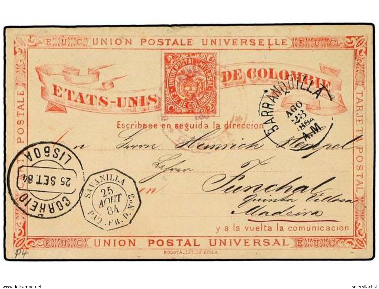 975 COLOMBIA. 1884(Aug 23). <B>2c</B> Rose Red Postal Stationery Card Used To MADEIRA From Bogota<B>, Faint Bogota</B> D - Other & Unclassified