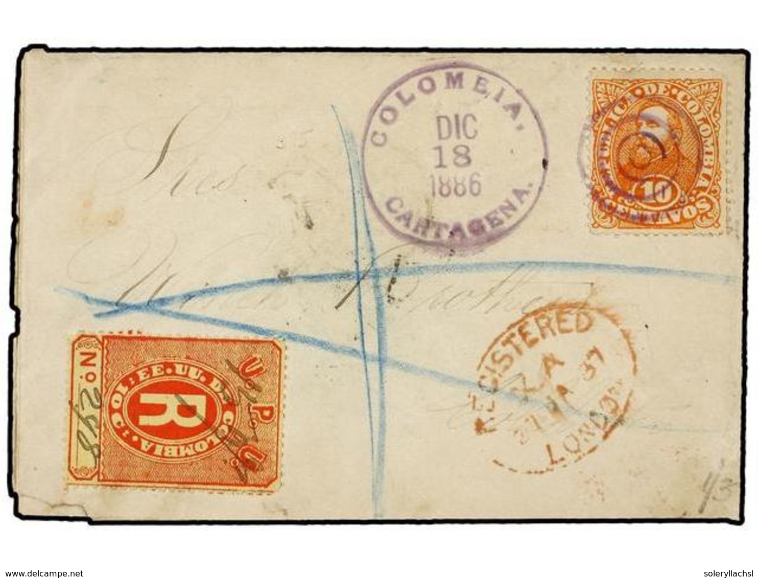 977 COLOMBIA. Yv.87. 1886. CARTAGENA A INGLATERRA. <B>10 Ctvos.</B> Naranja Y Sello De Certificados De <B>10 Cts.</B> Ro - Sonstige & Ohne Zuordnung