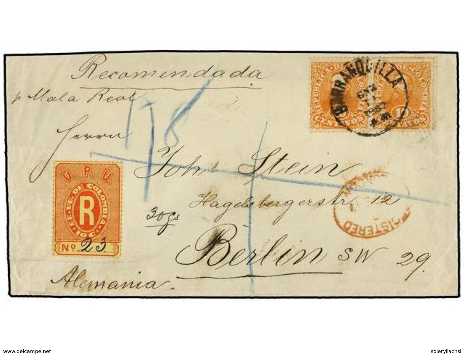 979 COLOMBIA. 1887. BARRANQUILLA A ALEMANIA. <B>10 Ctvos. </B> Naranja (2) Y Sello De Certificados De <B> 10 Ctvos., </B - Sonstige & Ohne Zuordnung