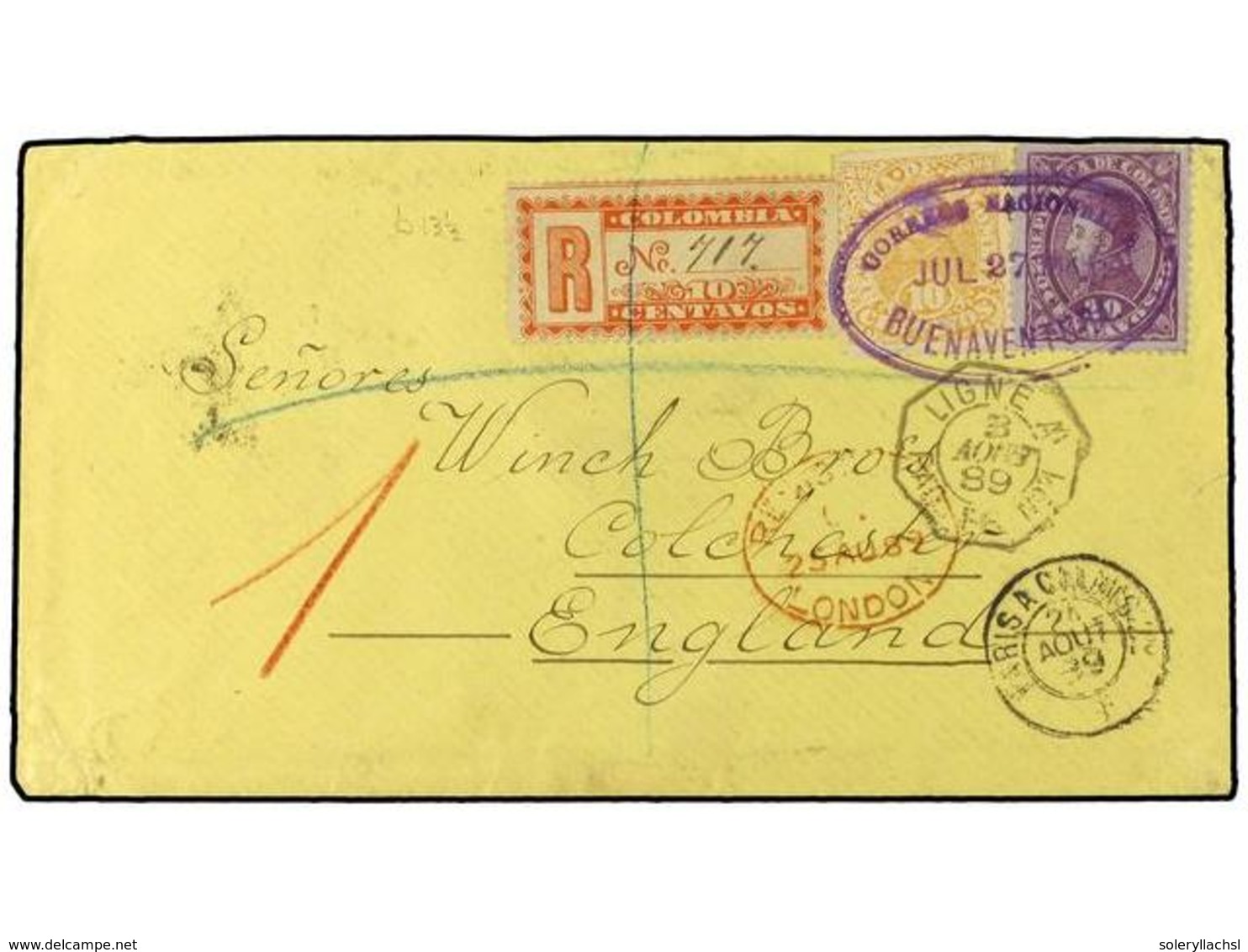 983 COLOMBIA. 1889 (July 27). Registered Cover From Buenaventura To Colchester, England Franked By 1886 <B>10c</B>. Oran - Other & Unclassified