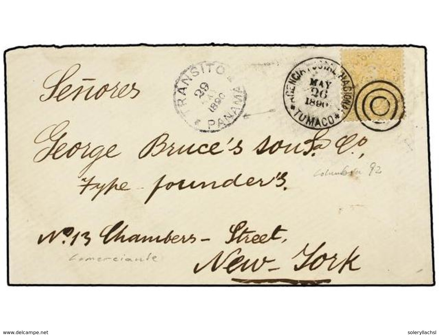 985 COLOMBIA. Sc.131. 1890. TUMACO A NEW YORK. <B>10 Ctvos.</B> Naranja, Mat.<B> AGENCIA POSTAL NACIONAL/TUMACO</B>, Al  - Other & Unclassified