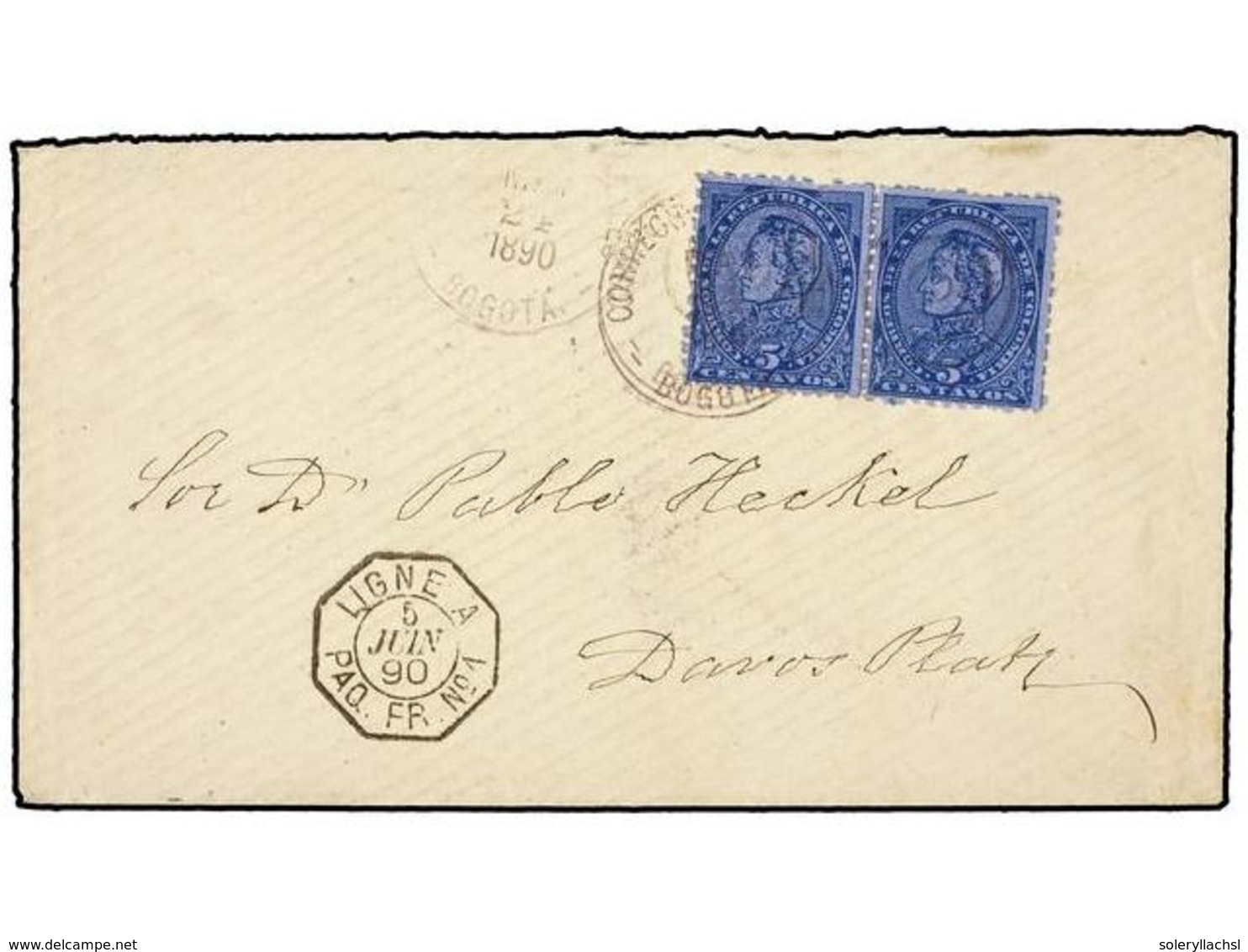 986 COLOMBIA. 1890. BOGOTA A DAVOS (Suiza). <B>5 Cts. </B>azul (2), Fechador Marítimo Francés <B>LIGNE A/PAQ. FR. Nº1.</ - Sonstige & Ohne Zuordnung