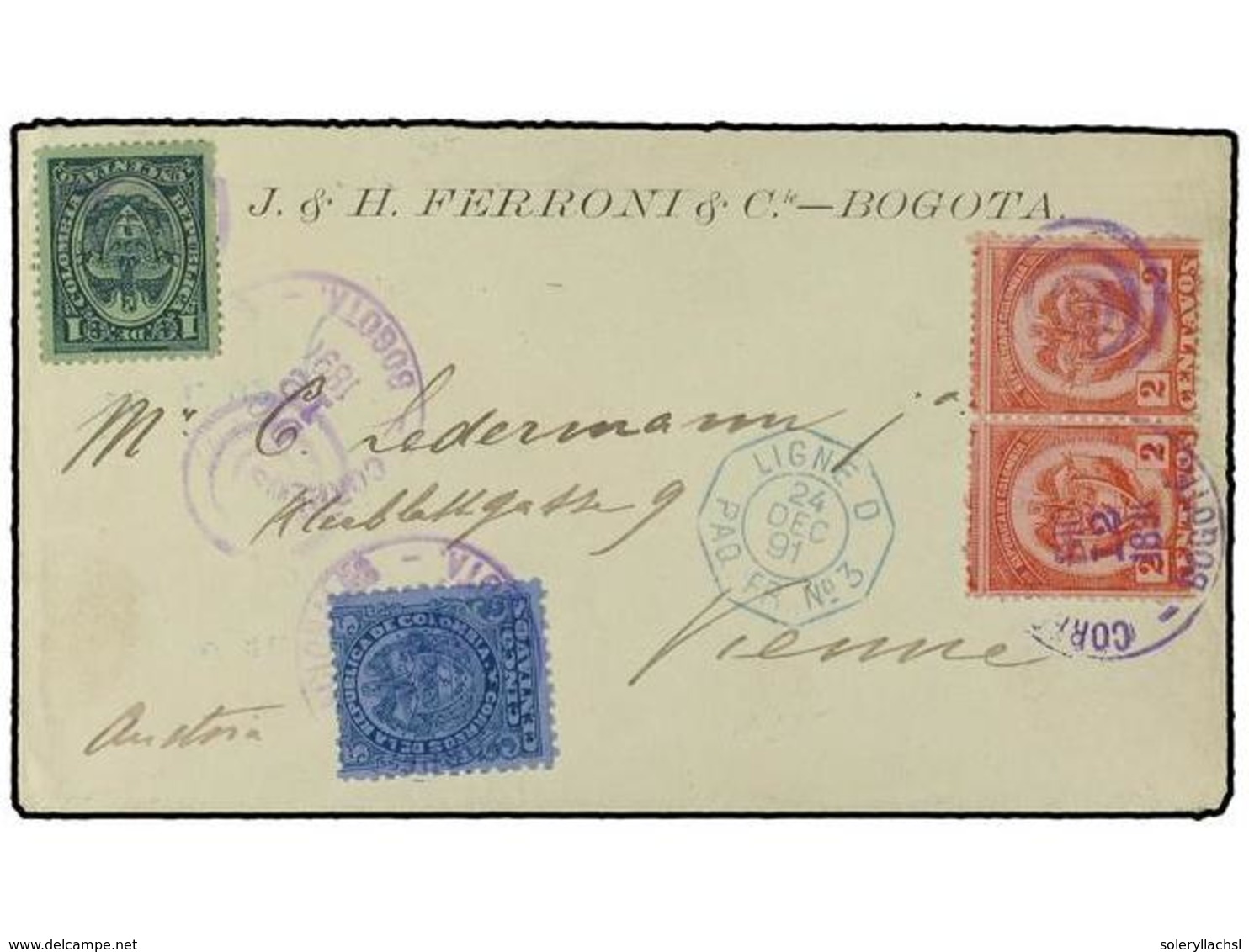 987 COLOMBIA. 1890 (Dec 12). Cover From Bogota To Vienna Franked By 1890-91 <B>1c</B>. Green, <B>2c</B>. Rose Pair And A - Other & Unclassified