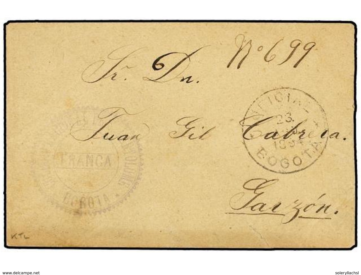 990 COLOMBIA. 1894. BOGOTÁ A GARZÓN. Marca<B> COLEGIO NACIONAL DE S. BARTOLOME/FRANCA</B> Y Fechador<B> OFICIAL/BOGOTA.< - Other & Unclassified