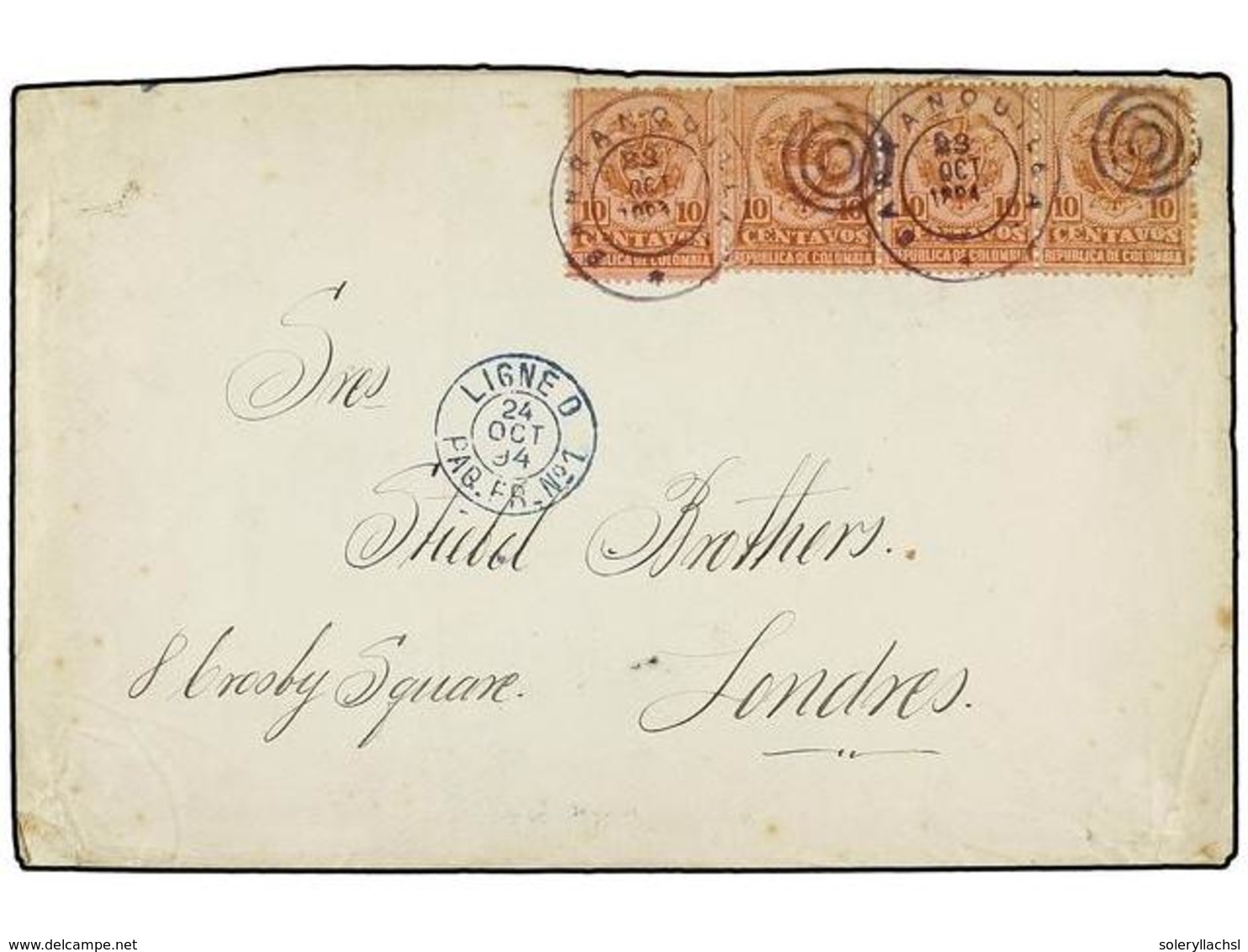 991 COLOMBIA. 1894. BARRANQUILLA A LONDRES. <B>10 Ctvos. (4). </B>Mat. Marítimo <B>LIGNE D/PAQ. FR. Nº 1</B> Y Llegada A - Other & Unclassified