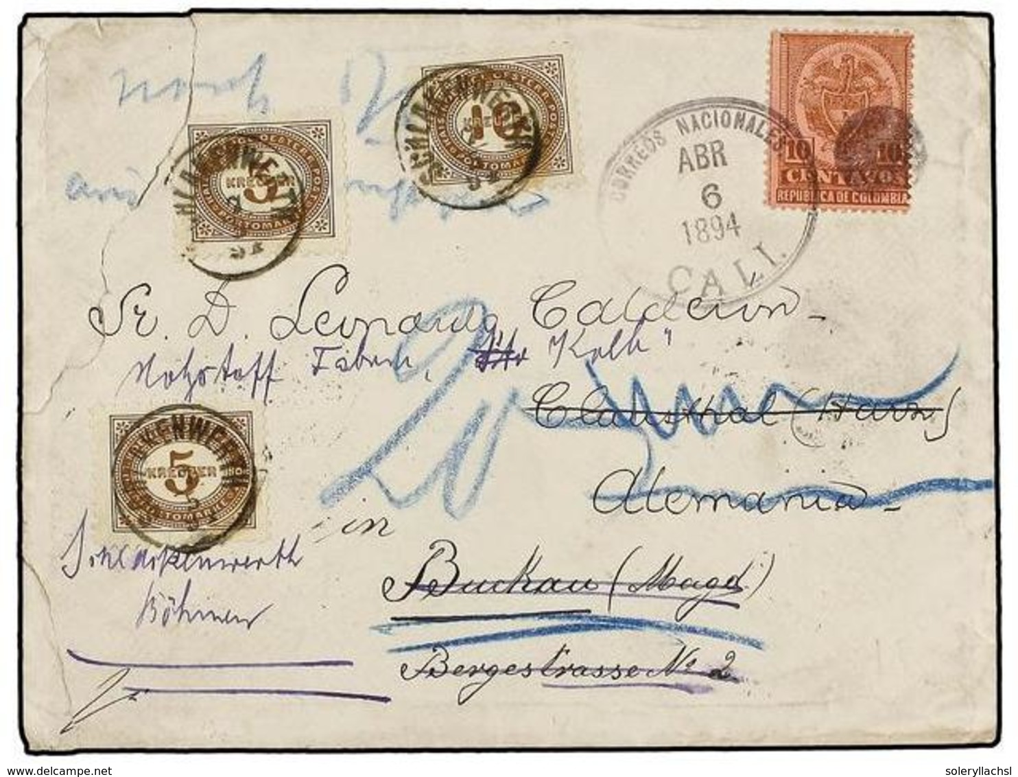 994 COLOMBIA. Sc.153. 1894. CALI A ALEMANIA. <B>10 Ctvos.</B> Castaño S. Rosa Reexpedida A AUSTRIA Y Tasada A La Llegada - Other & Unclassified