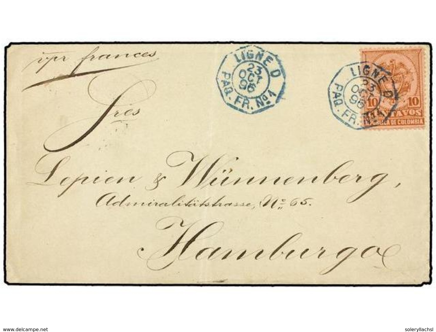 997 COLOMBIA. 1896. BARRANQUILLA A HAMBURGO (Alemania). <B>10 Cts.</B> Castaño S. Rosa, Mat. Octogonal Marítimo Francés  - Sonstige & Ohne Zuordnung