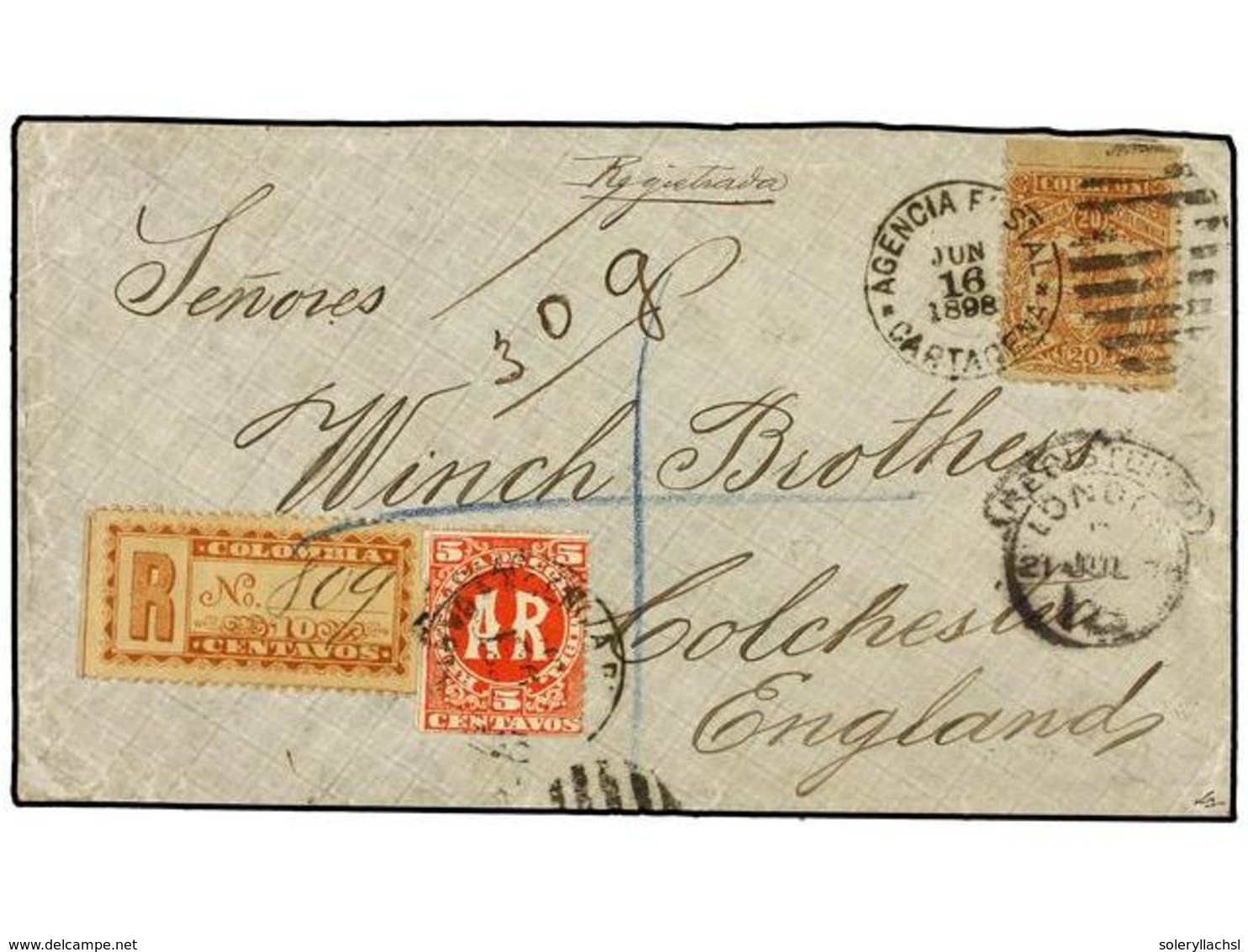 1001 COLOMBIA. Yv.112. 1898. CARTAGENA A INGLATERRA. <B>20 Ctvos.</B> Castaño Amarillo Y Sellos De <B>10 Ctvos.</B> De C - Sonstige & Ohne Zuordnung