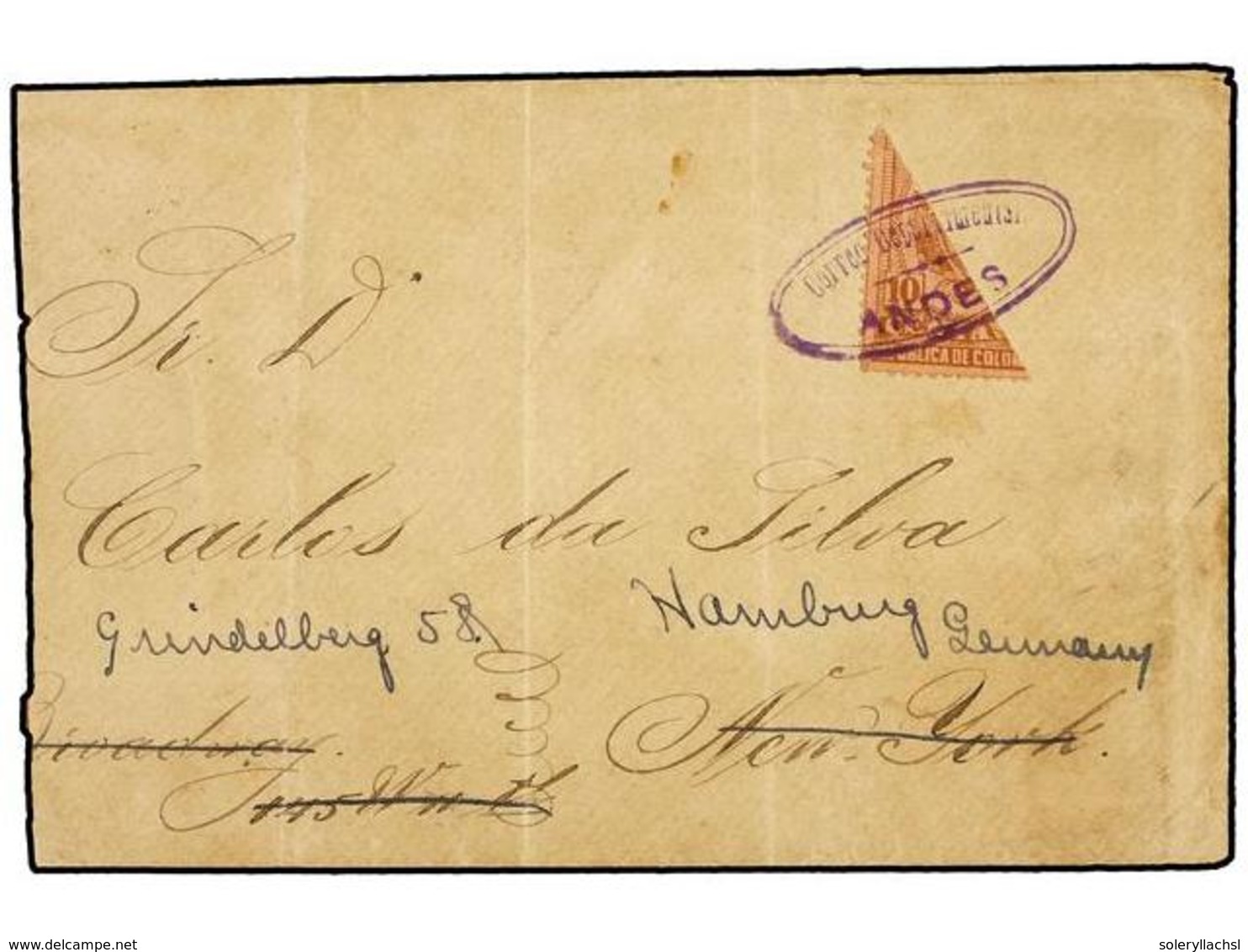 1005 COLOMBIA. 1901. ANDRES A NEW YORK Y Reexpedida A Alemania. <B>10 Cts. </B> Castaño S. Rosa Bisectaco Mat. Ovalado < - Other & Unclassified