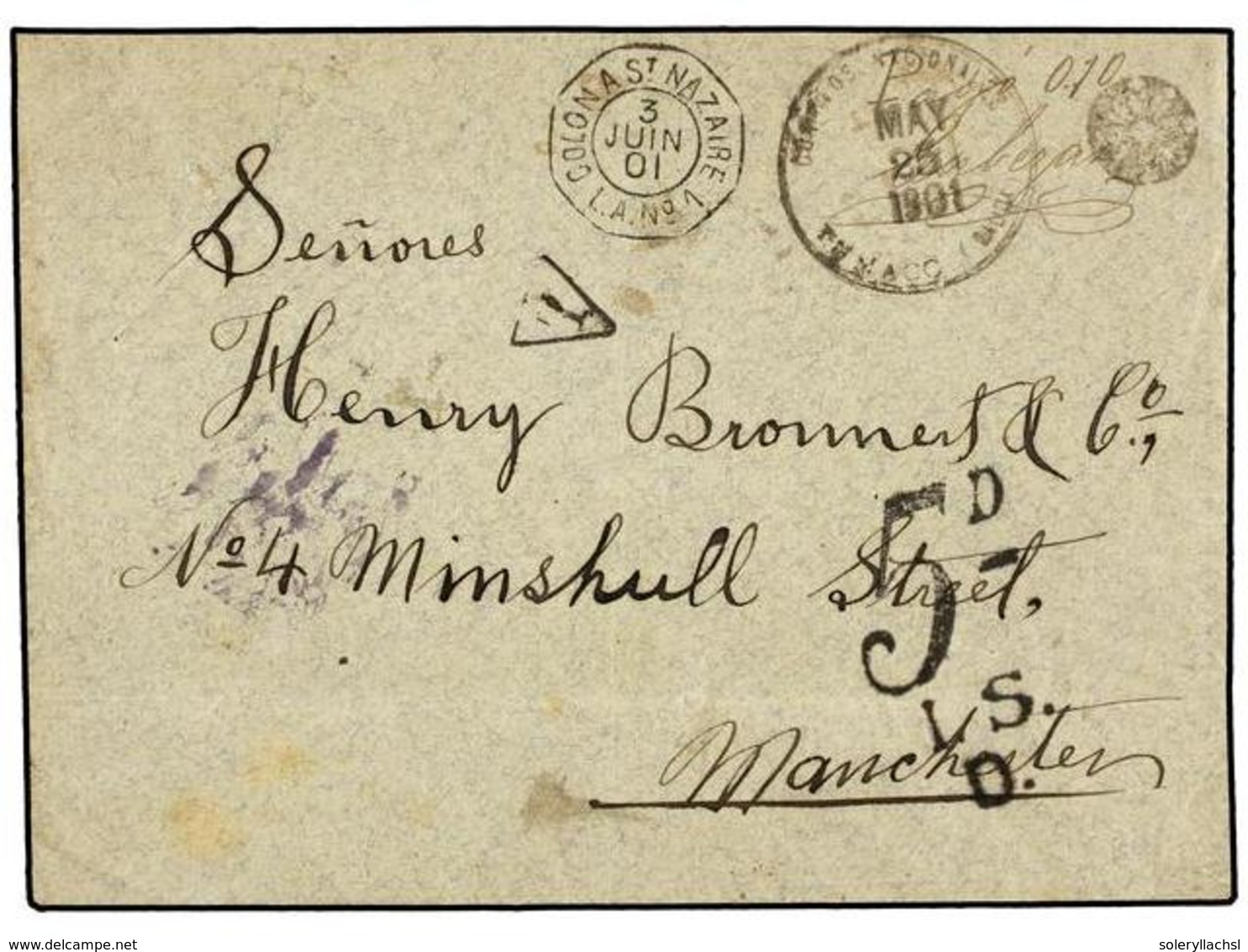 1006 COLOMBIA. 1901. TUMACO A MANCHESTER (GB). Manuscrito 'Pago 0,10' Y Firma Del Administrador De Correos, Por Falta De - Sonstige & Ohne Zuordnung