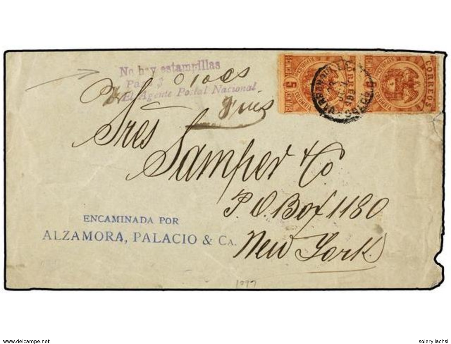 1012 COLOMBIA. 1902. BARRANQUILLA A NEW YORK. <B>5 Cts.</B> Castaño (2) Y Marca<B> NO HAY ESTAMPILLAS</B> Y Pago En Metá - Sonstige & Ohne Zuordnung