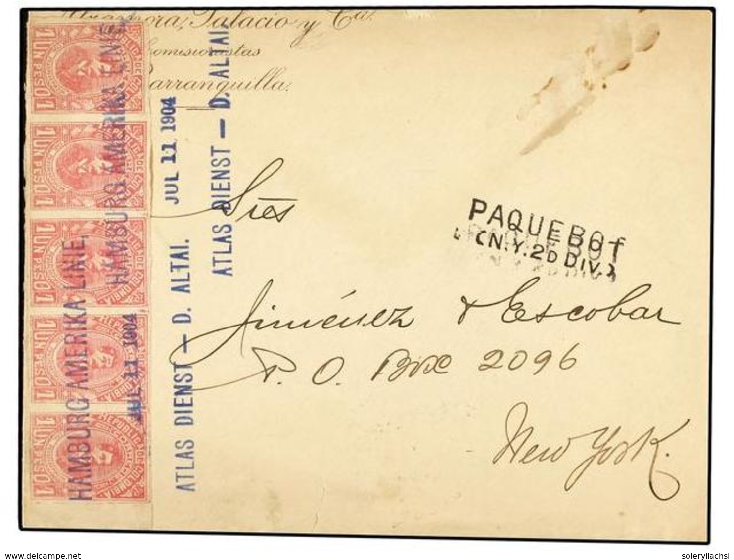 1020 COLOMBIA. Sc.217 (5). 1904. BARRANQUILLA A NEW YORK. <B>1 Peso</B> Rosa Tira De Cinco, Mat. <B>HAMBURG AMERIKA LINI - Other & Unclassified