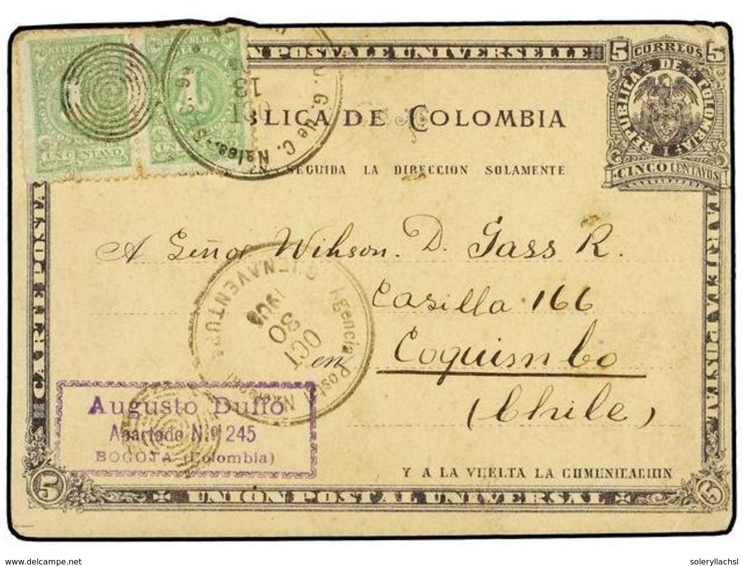 1022 COLOMBIA. 1905. BOGOTÁ A COQUIMBO (Chile). Entero Postal De <B>5 Ctvos.</B> Negro Con Franqueo Adicional De <B>1 Ct - Other & Unclassified