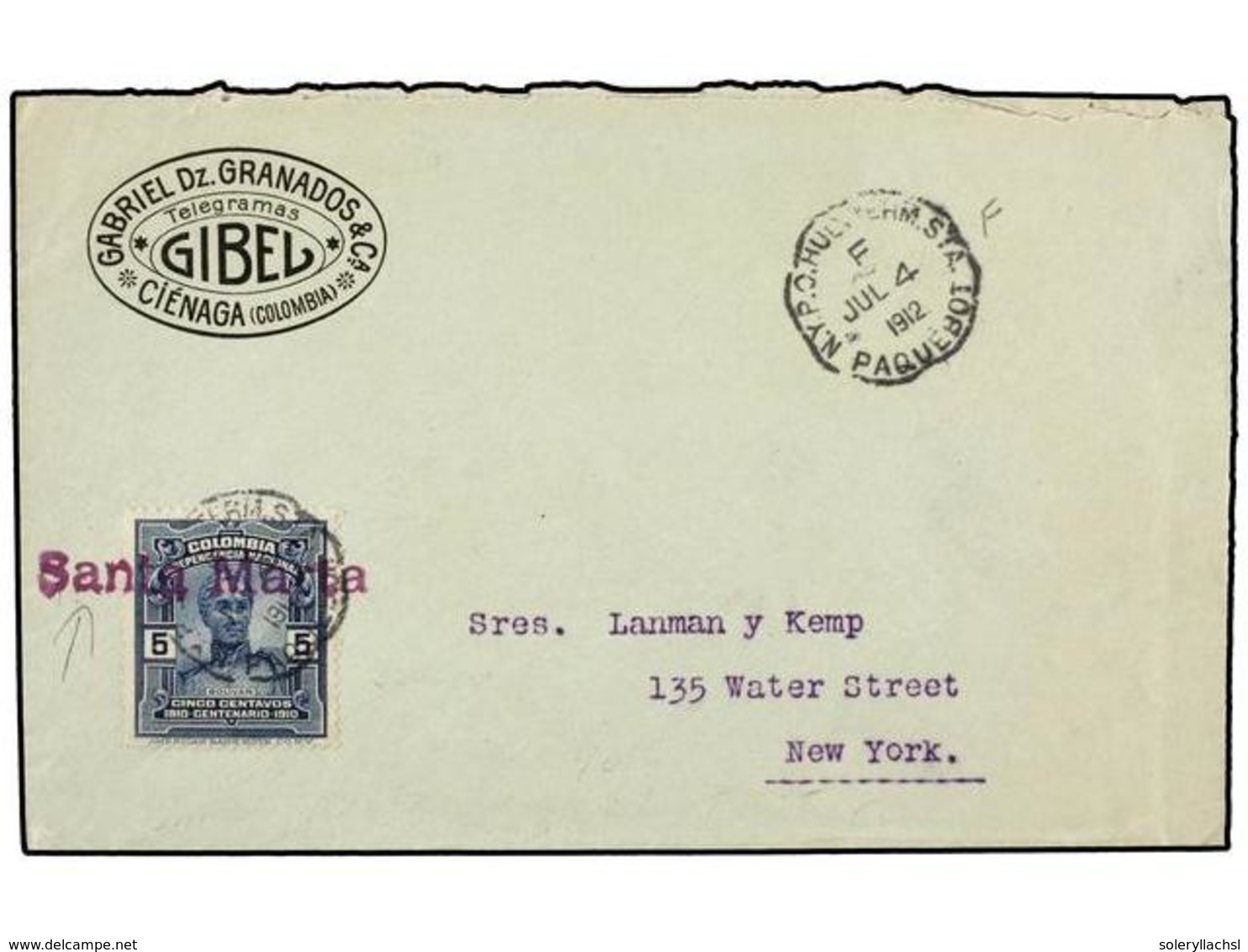 1031 COLOMBIA. 1912. CIENAGA A U.S.A. <B>5 Ctvos.</B> Mat. <B>N.Y.P.O./PAQUEBOT</B> Y Lineal <B>SANTA MARTA</B> De La Un - Sonstige & Ohne Zuordnung