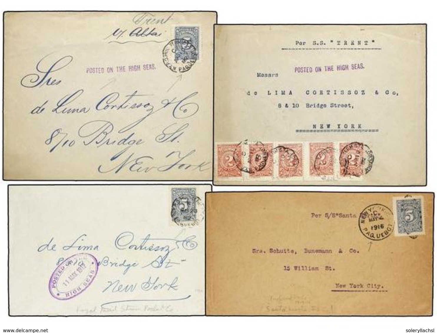 1033 COLOMBIA. 1912-16. <B>CORREO MARÍTIMO </B>entre COLOMBIA Y USA. Conjunto De 4 Cartas Franqueadas En Alta Mar. - Other & Unclassified