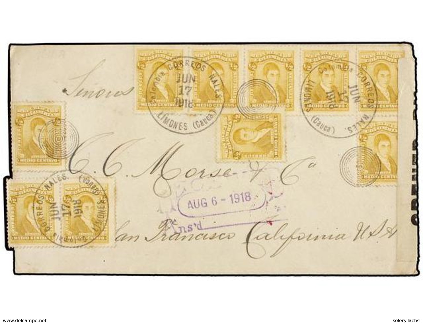 1040 COLOMBIA. 1918. LIMONES A USA. <B>1/2 Ctvo. </B>amarillo (10) Etiqueta De Censura USA. Precioso Franqueo. - Sonstige & Ohne Zuordnung