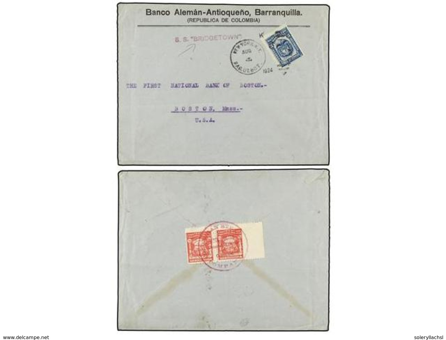 1044 COLOMBIA. 1924. BARRANQUILLA A U.S.A. <B>3 Ctvos.</B> Azul, Mat. <B>NEW YORK/PAQUEBOT</B> Y Marca Lineal<B> S.S. BR - Other & Unclassified