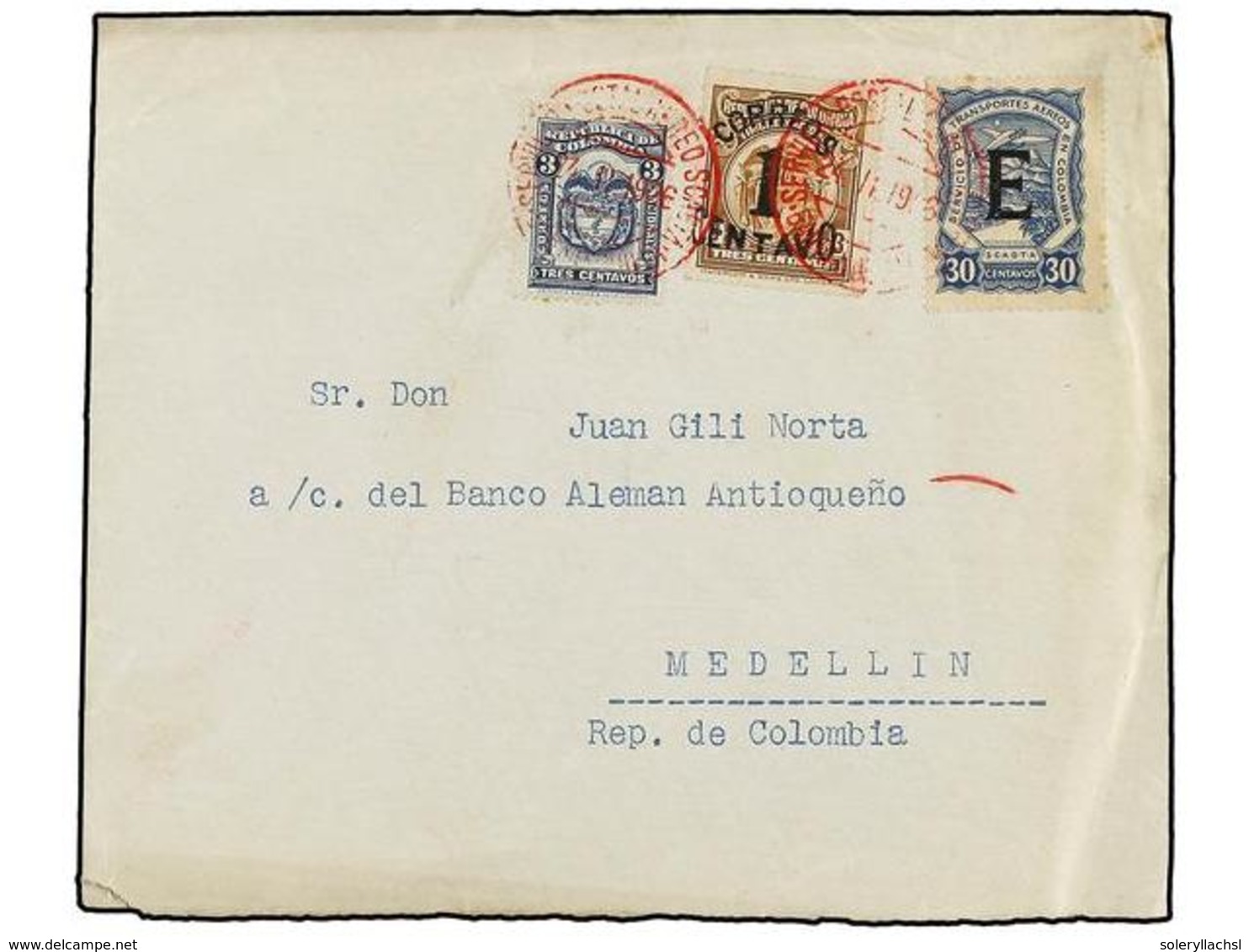 1047 COLOMBIA. 1926. <B>SCADTA. </B>BARCELONA A MEDELLÍN. Circulada Con Sellos De <B>1 Ctvo.</B> Y <B>3 Ctvos.</B> Y Sel - Other & Unclassified