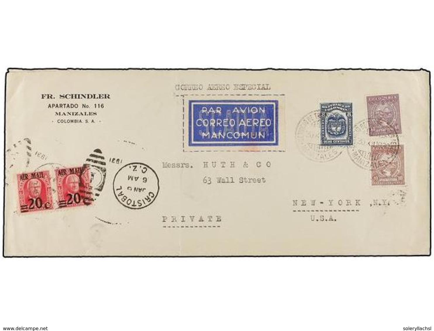 1057 COLOMBIA. 1930 (30 Diciembre). MANIZALES A NEW YORK. Circulado Con Sello De <B>8 Ctvos.</B> Y Sellos De SCADTA De < - Sonstige & Ohne Zuordnung