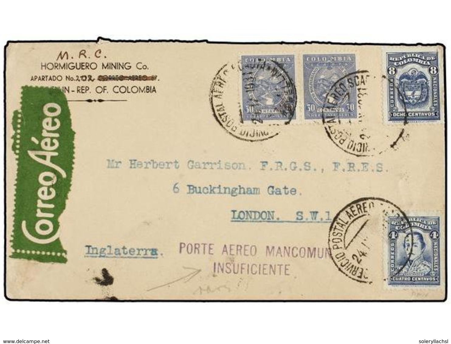 1059 COLOMBIA. 1931. MEDELLIN A LONDRES. Vía SCADTA Con Sellos De <B>4 Ctvos.</B> Y <B>8 Ctvos.</B> Y Sobretasa Aérea De - Sonstige & Ohne Zuordnung